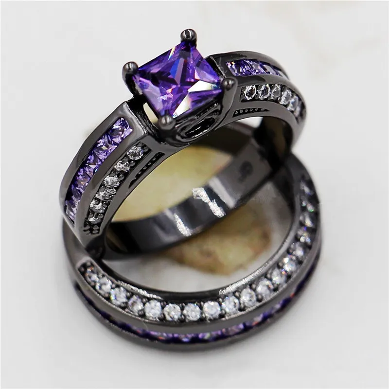 Bling большой фиолетовый кубический циркон пара колец набор Черное золото