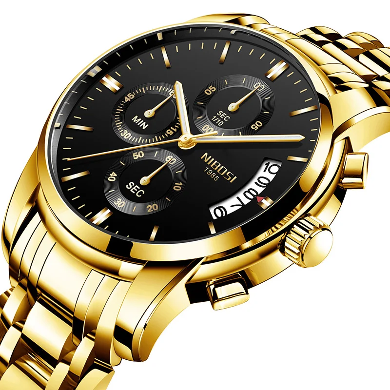 NIBOSI Watch Men Golden Man Watch 2018 Gold Big Dial Quartz Military Man Watch Stainless Steel ...