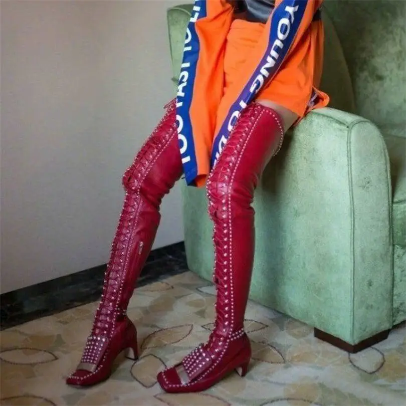 

NAYIDUYUN Rivets Thigh High Pumps Women Lace Up Straps Genuine Leather Over The Knee Booties Tall Shaft Punk Motorcycle Boots