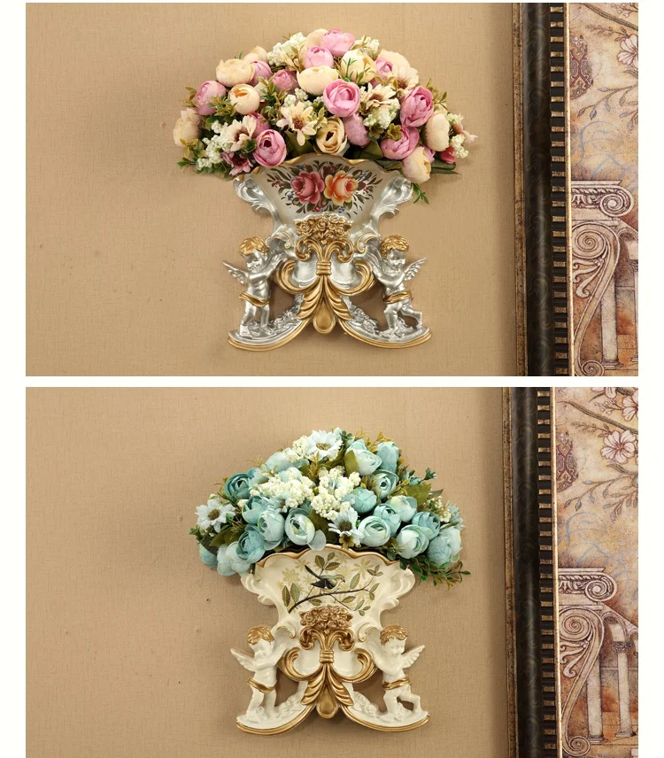 Европейская настенная ваза из смолы+ искусственный цветок, украшение для росписи, подвесная стена, цветочные горшки для дома, гостиной, настенные украшения