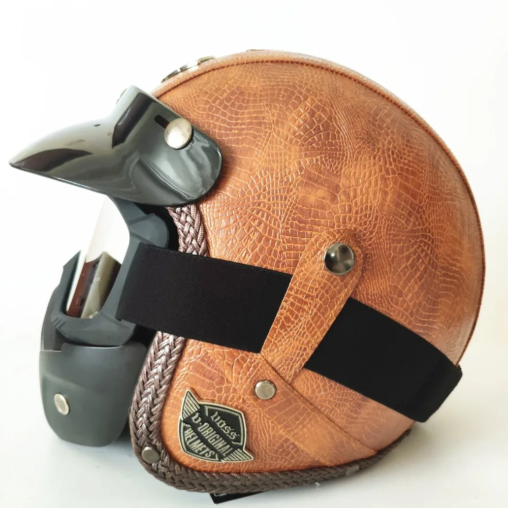 

3/4 Motorcycle Cruiser Moped Scooter Open Face Helmet Bobber Style DOT Approved +goggle for free gift (Brown leather, Medium)