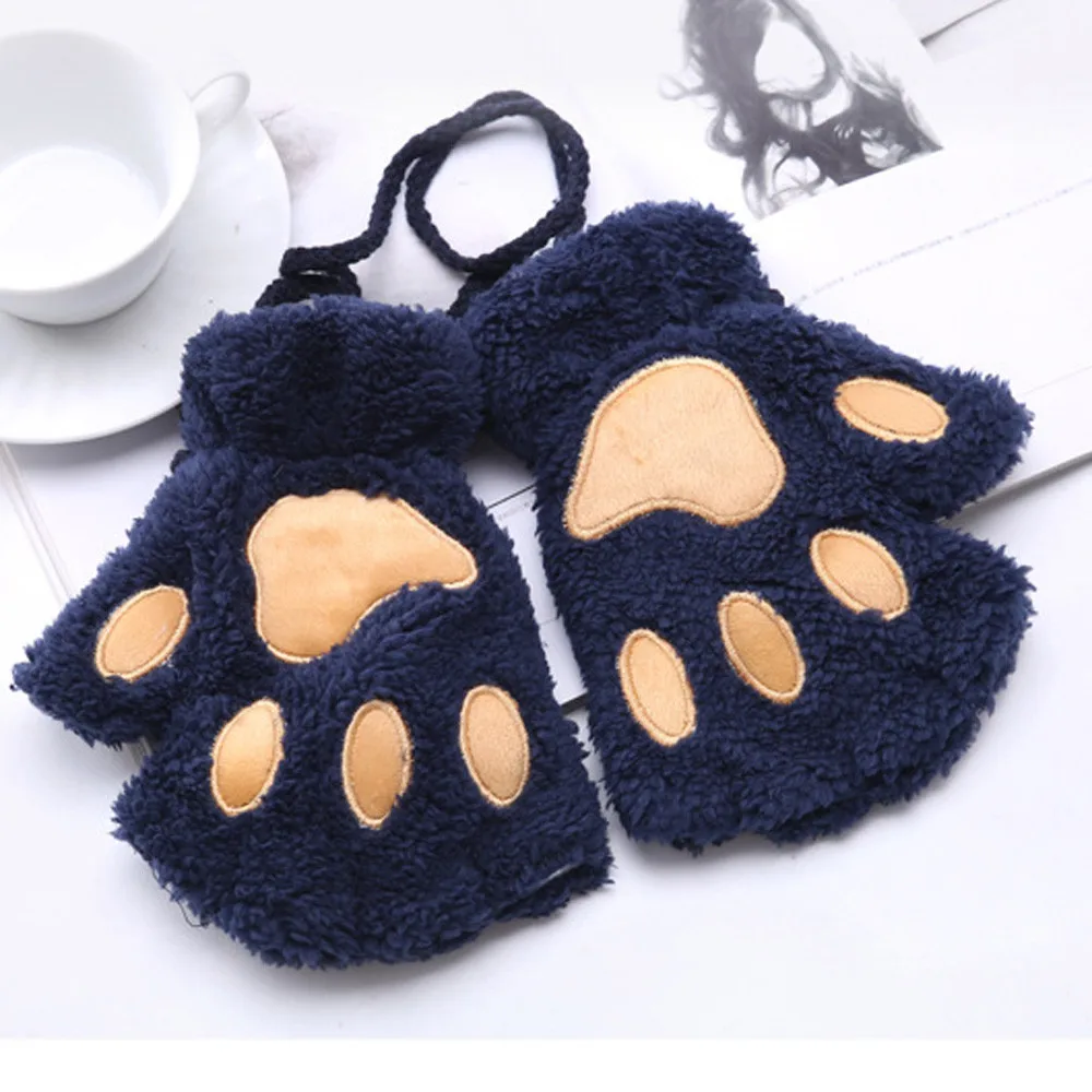 Женские зимние теплые перчатки, уплотненные пушистые плюшевые перчатки без пальцев с плюшевым медведем и котом лапы, милые перчатки без пальцев# YJ - Цвет: Blue