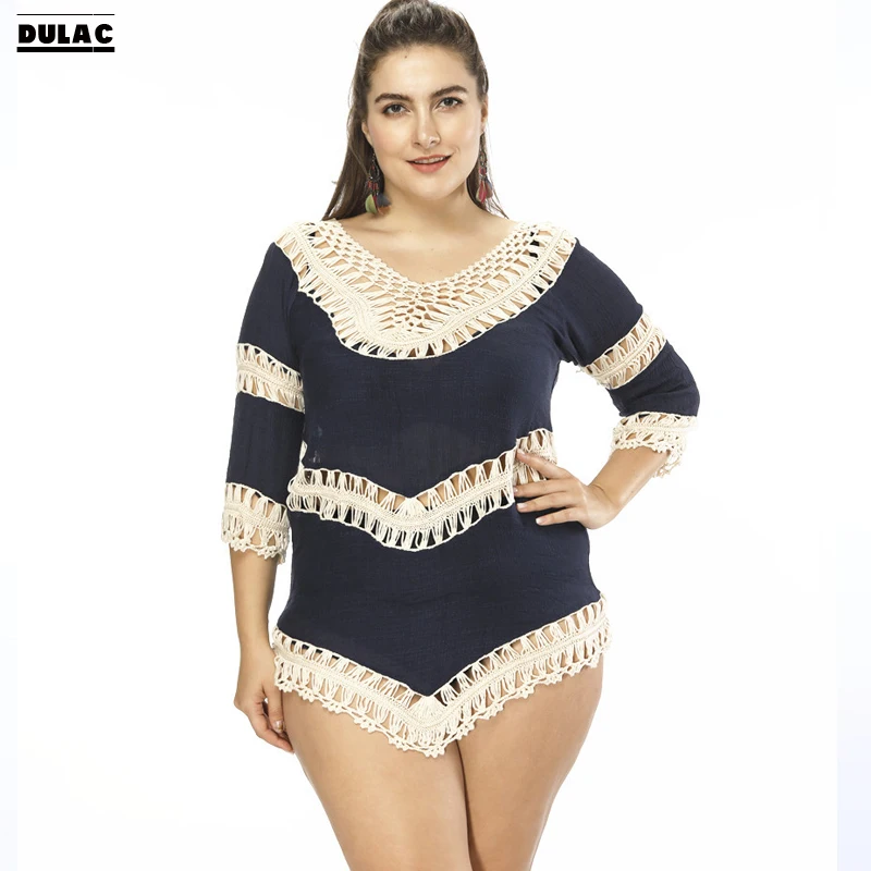 

2018 Europe Sexy Woman Fashion V-Neck Half Sleeve Loose Bikini Smock Sunscreen Beach Hand Knitted Corchet Flower Bohemian Dress