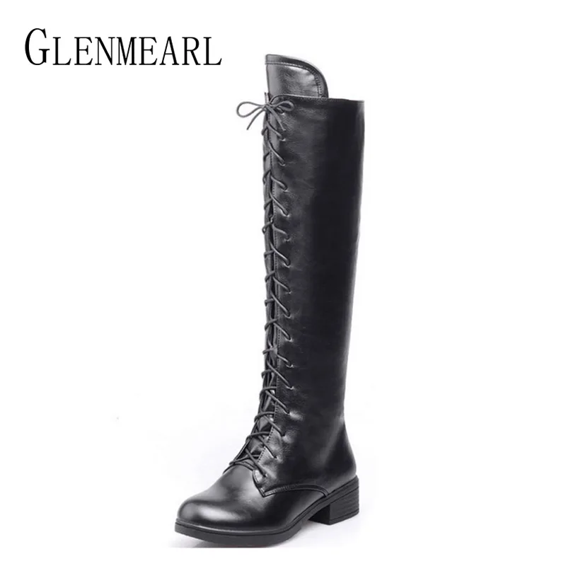 Kopen Vrouwen Hoge Laarzen Knie Hoge Winter Schoenen Vrouwelijke Zwarte Dikke Hak Lace Up Dames Laarzen Enkelbandje Vrouw Laarzen Plus size DE