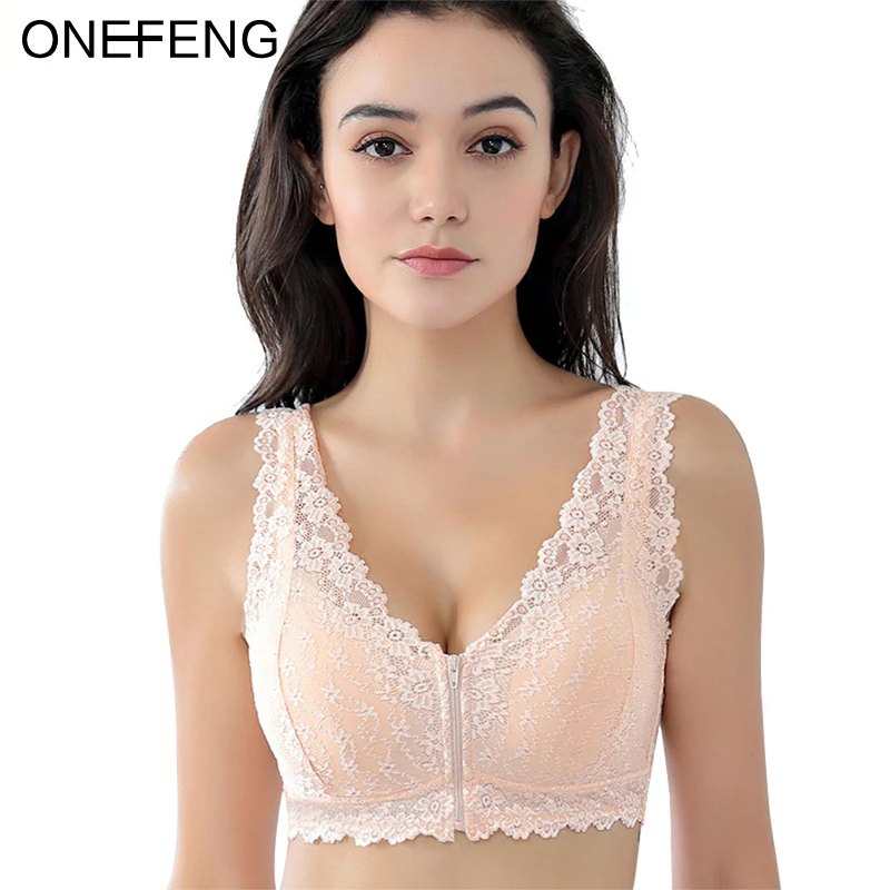 

ONEFENG 1840 New Lace Front Buckle Zip Bra Without Rims Full Cup Gathered Underwear On the Support Side to Receive Sleep Bra