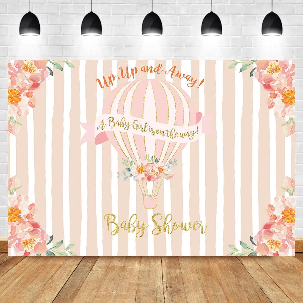 

NeoBack Baby Shower Watercolor Flower Photo Backdrop Powder Orange Girl Hot Air Balloon Photography Background