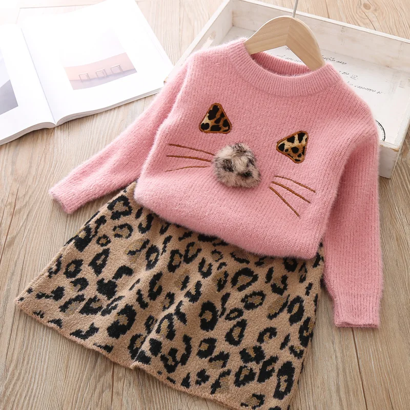 Yorkzaler Autumn Winter Kids Clothing Set For Girls Long Sleeve Sweater With Printed Leopard Skirt Casual Children 2pcs Outfits