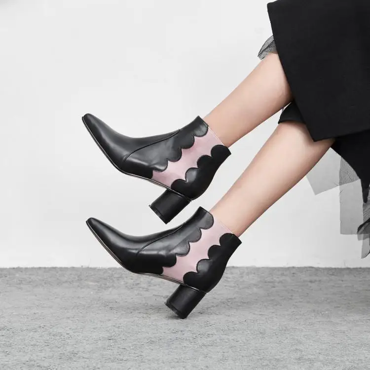 Chaussures Chic Ruches Ronde As Noir Bottes Pointu Talon Élégant Rose Femmes Sur Moyen D'hiver Slip Femme Chelsea Mixte Couleur Bout Show D2E9HWI
