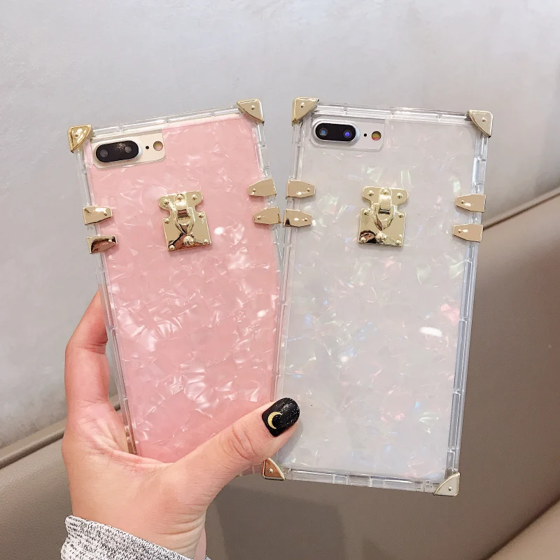 

Luxury brand metal square pink shell silicone phone case for iphone 6 6s plus 7 8 plus x xr xs max marble woman back cover