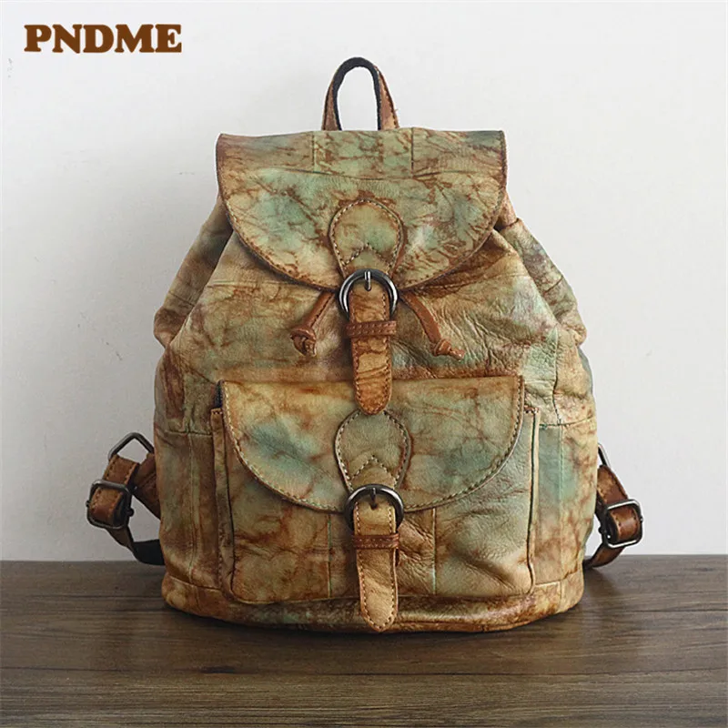 

PNDME retro genuine leather women's backpack handmade embossed bookbags ladies soft first layer cowhide designer flowers female