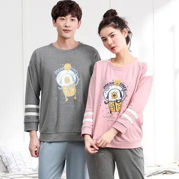 

JINUO 2018 Free Shipping New Adult Lovers pajamas set autumn cute sleepwear woman's long sleeved household clothing sets