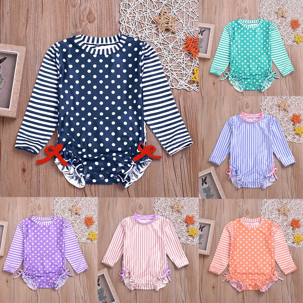 

Swimsuit Kids Baby Girl Ruffled Dot Striped Swimsuit with Sun Protection Swimwear maillot flotteur Bebe monokini badpak 6.24