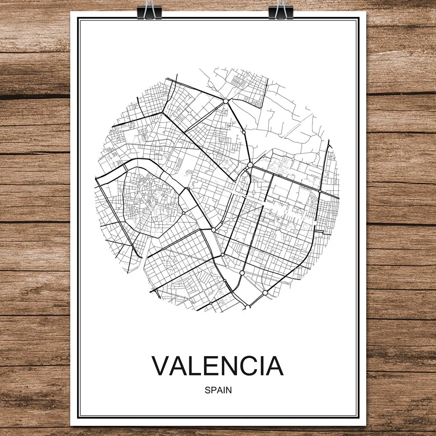 VALENCIA Испания черный белый цвет карта городов мира современным принтом плакат с
