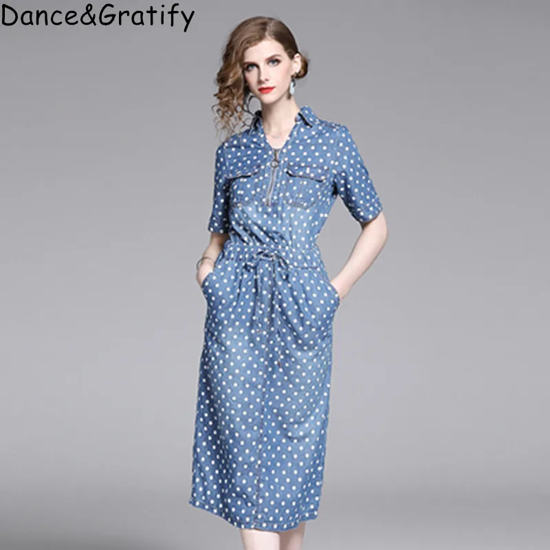 

Denim Women's Office Work Dresses Pencil Cotton Polka Dot 2019 New Arrival V-neck Short Sleeve Autumn Summer Fashion Dresses