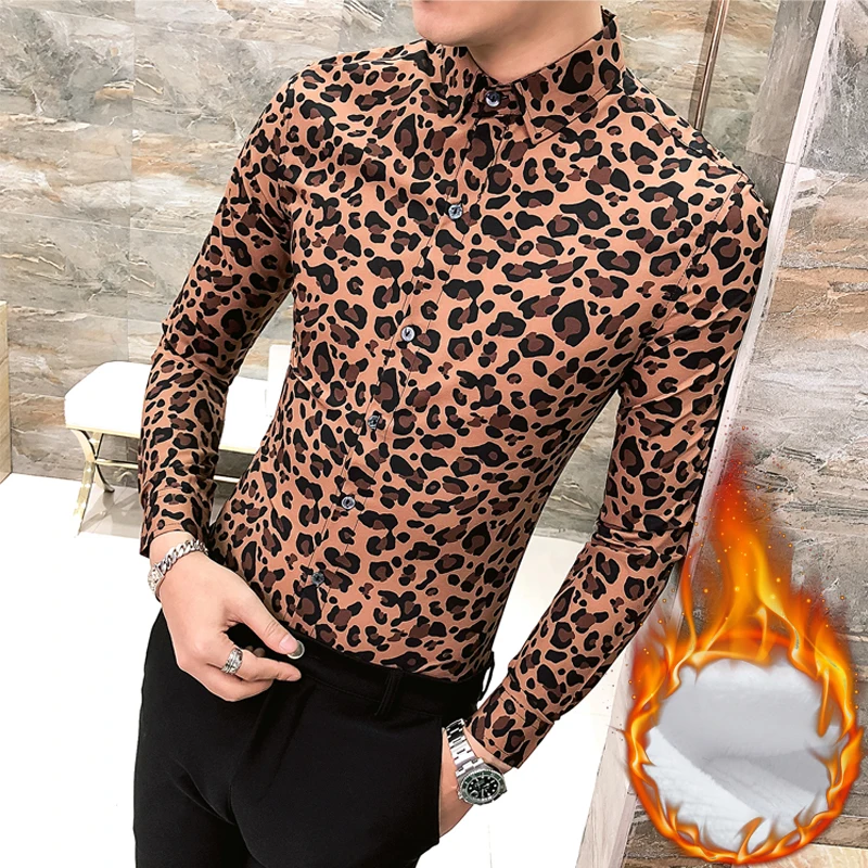 green Brown Chemises Chemise Mens Léopard Homme À Masculina 2019 Print Hiver Print Fit Manches Camisa Slim Hommes Sociale Imprimé Longues Épais Leopard 6Rd6Tnpr