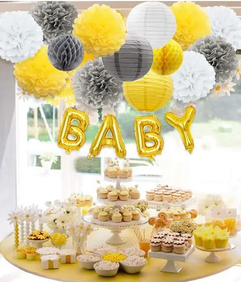 Baby Shower украшения желтый и серый с воздушные шары с буквой, тканевая бумага помпоны и бумажный фонарь декор для вечеринки в честь Дня Рождения