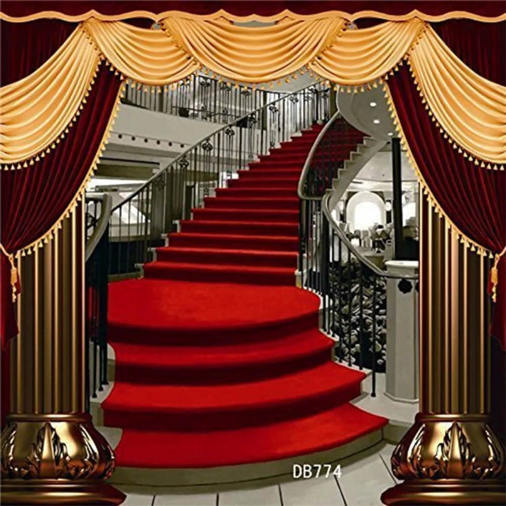 Red Carpet Stair Backdrop Polyester Wedding Theme Photography Background Studio Props Background Seamless Washable No Crease