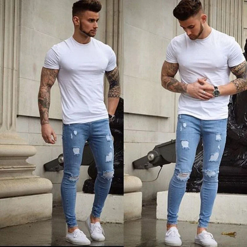 Fashion Men Solid Ripped Skinny Biker Zipper Fly Jeans Destroyed Hole Frayed Slim Fit Denim Pencil Pants Fashion Men Solid Ripped Skinny Biker Zipper Fly Jeans Destroyed Hole Frayed Slim Fit Denim Pencil Pants