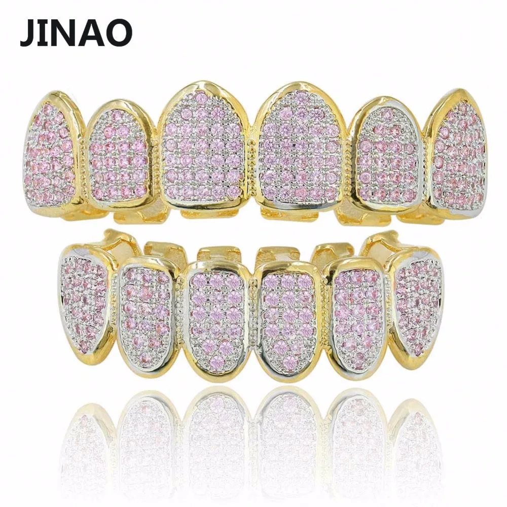 JINAO хип хоп золотые зубы Grilllz все Iced Out Micro Pave розовый CZ камни женская верхняя и нижняя грили набор