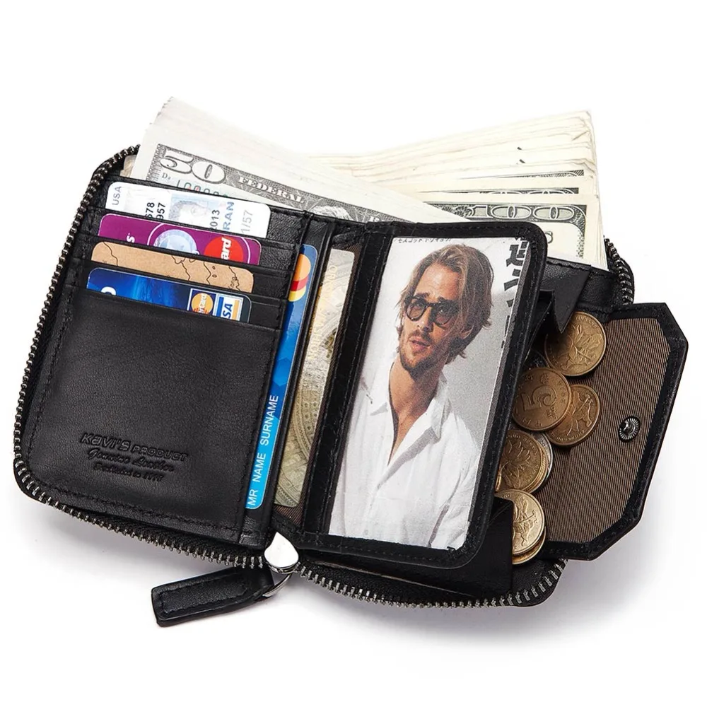 KAVIS, деловой кошелек из натуральной кожи, мужской черный кошелек для монет, Cuzdan, маленький, Portomonee, на молнии, мини-держатель для карт, сумка для денег