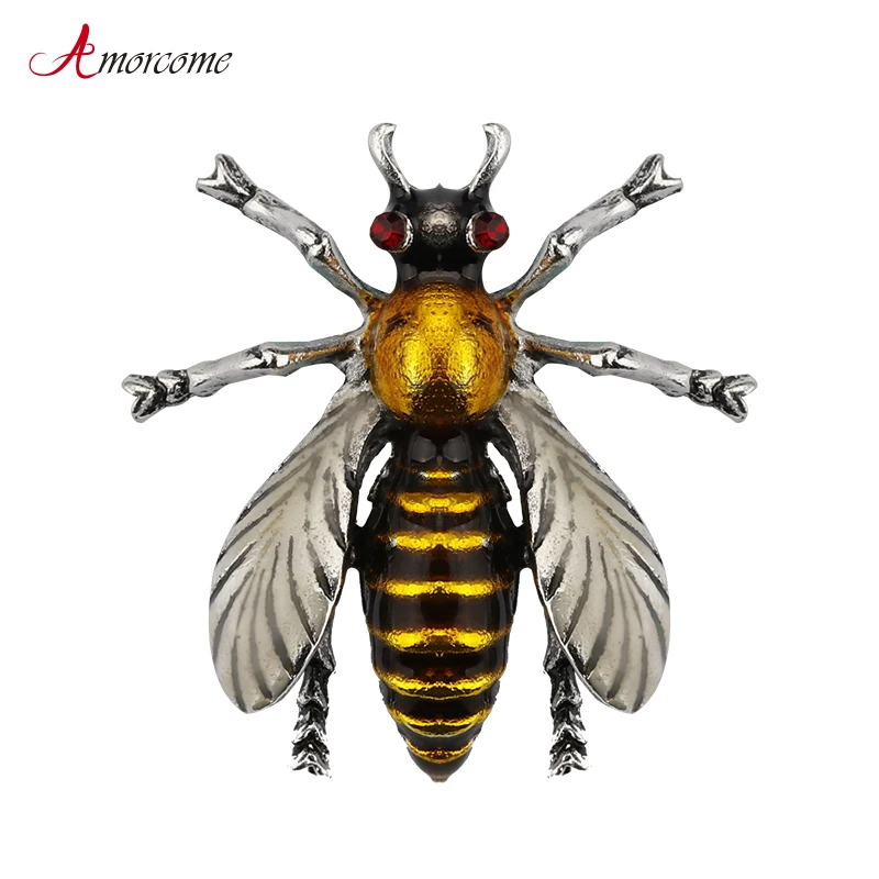 

Amorcome Yellow Bee Brooches For Women Girls Insect Enamel Brooch Antique Silver Color Metal Scarf Collar Pin Party Jewelry
