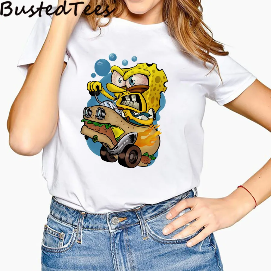 

BUSTED 90s Girl Naughty Design Short Sleeve Tops Sponge Bob Square Pants Print Cotton Harajuku Funny T-shirt Women Clothes 2019