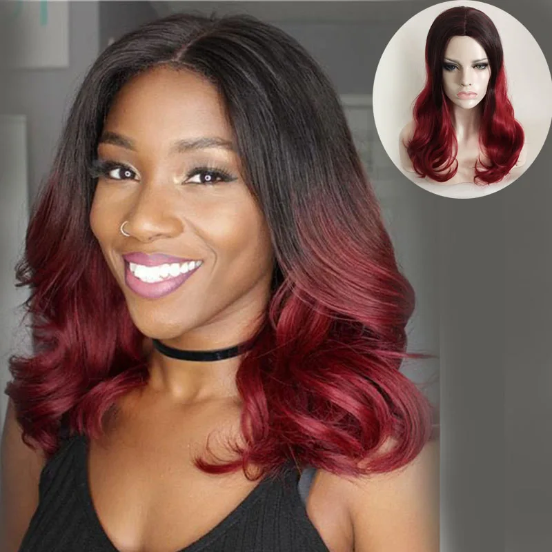 

Anime Rose Net Long Wavy Black Wine Red Ombre Wig Cosplay Costume Synthetic Hair African American Wigs For Women