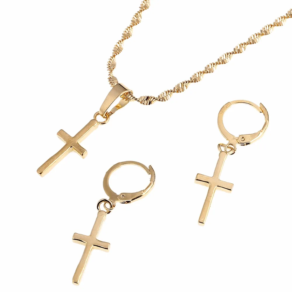 Маленький крест кулон серьги набор женщин Мини Шарм Крест Золотой цвет ювелирные изделия распятие христианские украшения