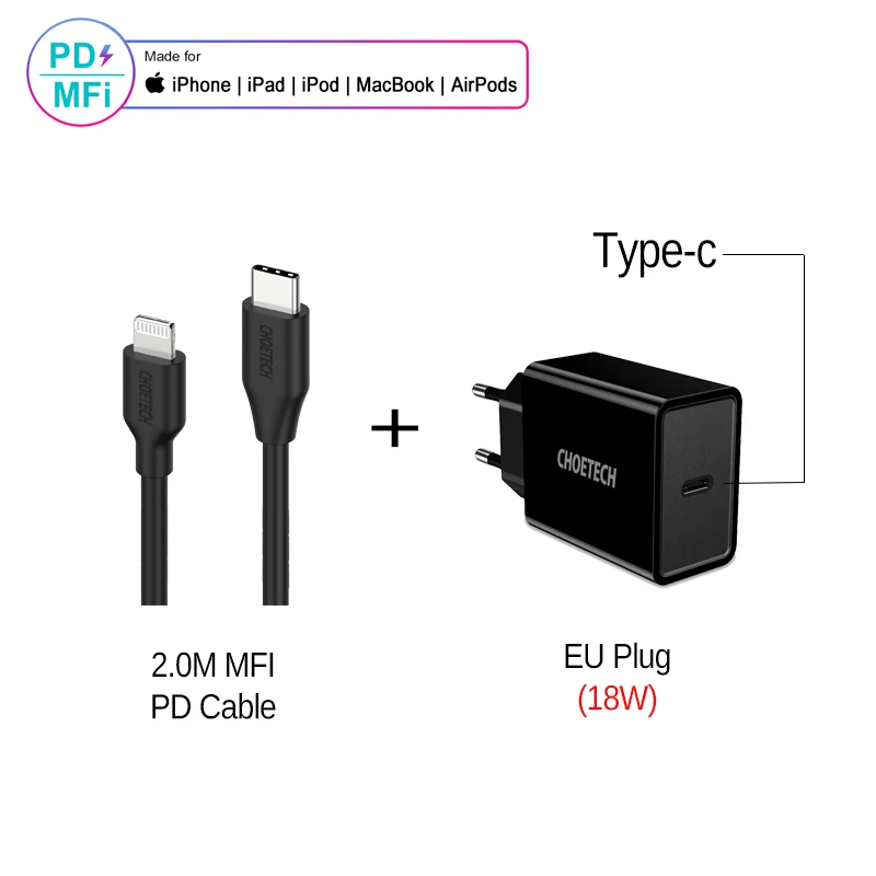 CHOETECH MFi USB C PD кабель USB 2 м C-Lightning Кабель для быстрой зарядки и синхронизации данных шнур совместим с iPhone X/XS/XR/XS MAX/8/8 Plus iPad - Цвет: Black and 18W Plug