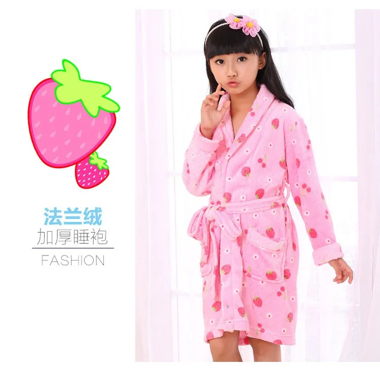 Детский фланелевый Халат-кимоно, халат для подростков, для мальчиков и девочек, детский банный халат с рисунком кролика и клубники, розовый 4-14T