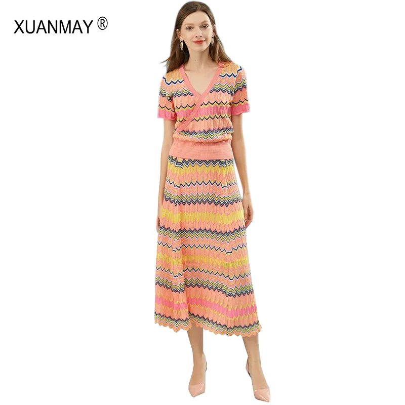 

Summer Women knit top and Dress Two piece set Summer Over the knee Long style Bohemia Sweater Dress color stripe Maxi dress