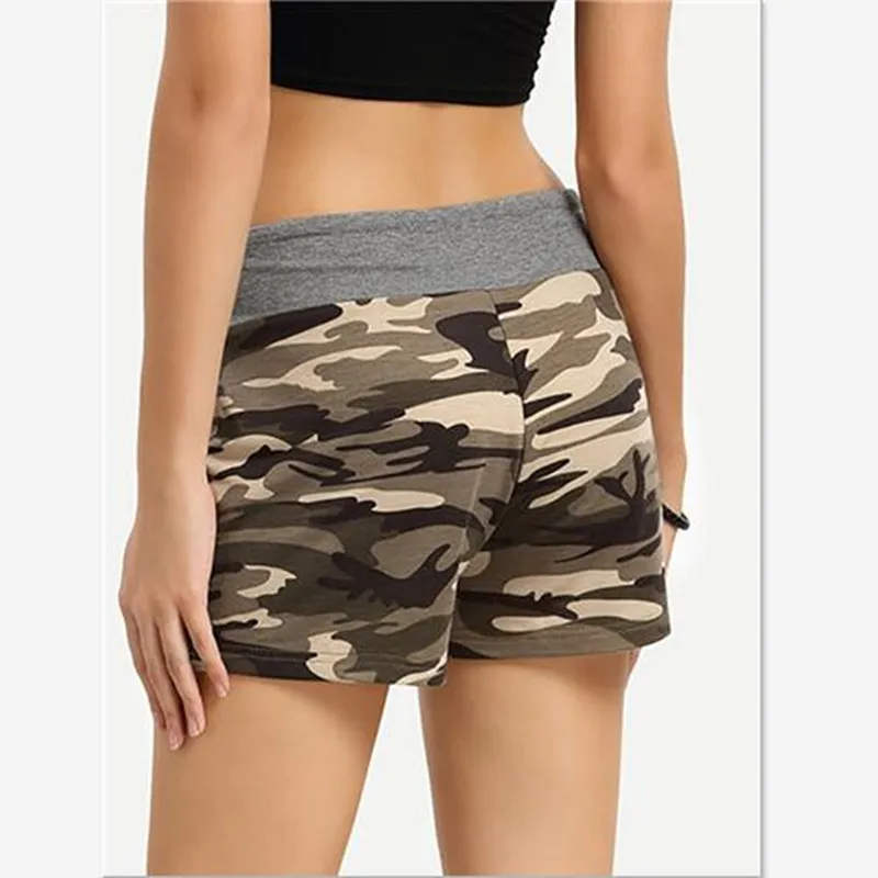 Women Shorts green Camouflage print Cotton Blend patchwork Elastic Wait Drawstring summer lady wild Military Active short Pants Shorts