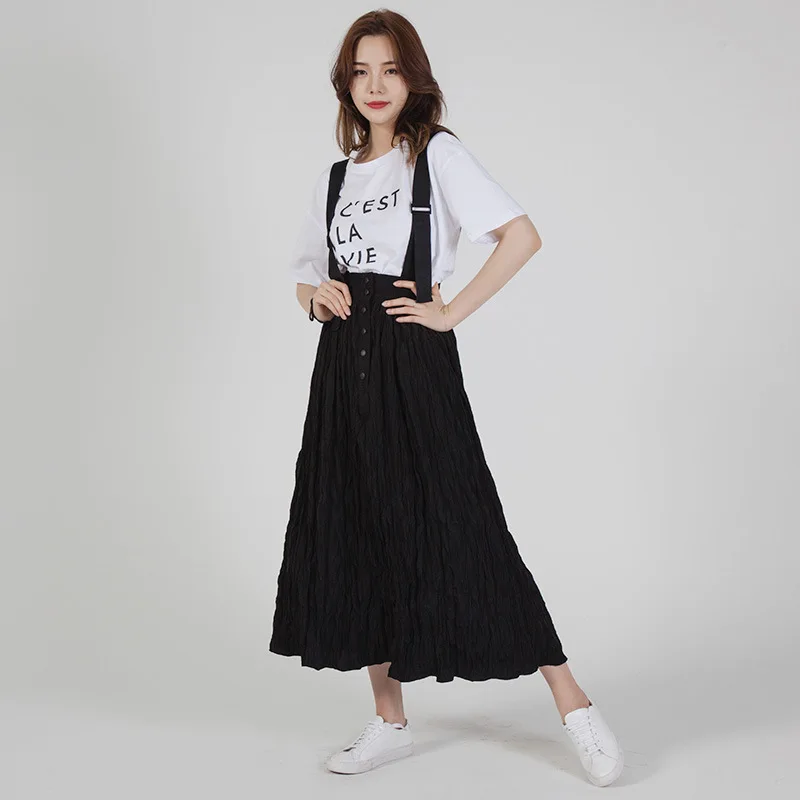 

Women's Skirt 2019 Summer New Pleated High Waist Casual Halter Skirt Women A-Line Black Long Skirt Women