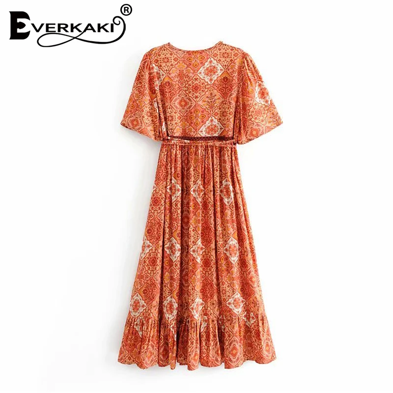Everkaki богемный цветочный принт женское длинное платье Vestidos с v образным вырезом