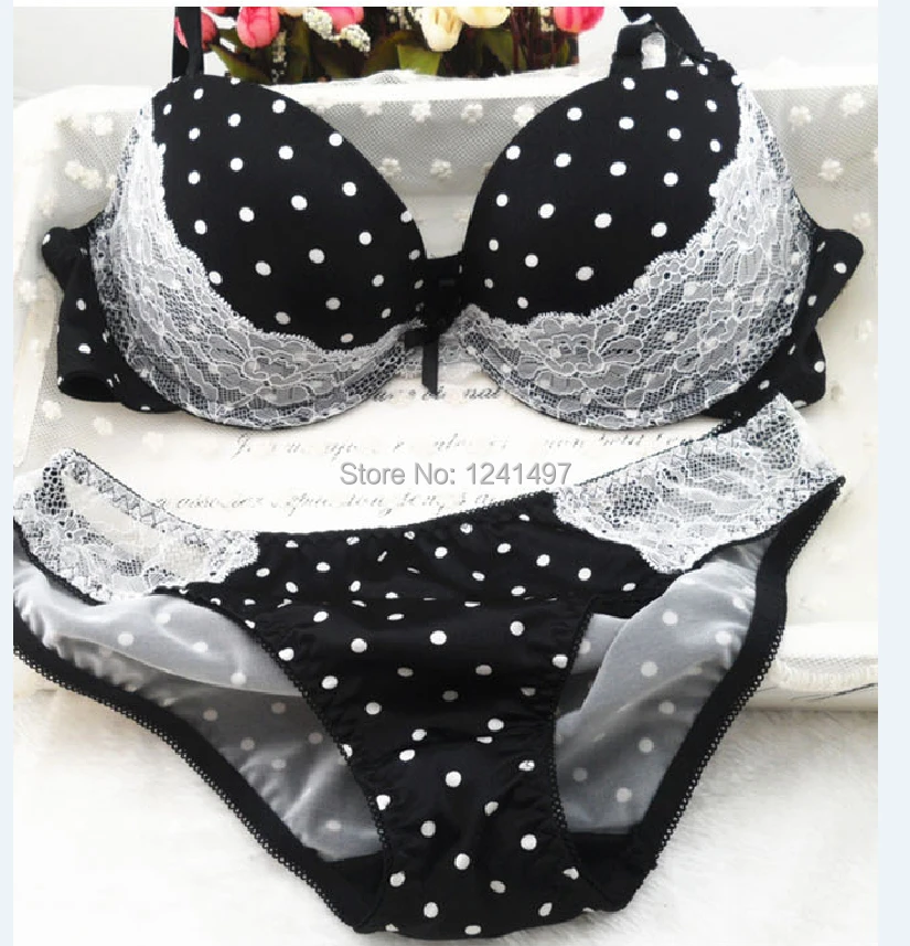 2014 Newset Women Plus Up Dot Printed Bra Set Cute Lace Plunge Bra + Panties Plus Size 32B,32C