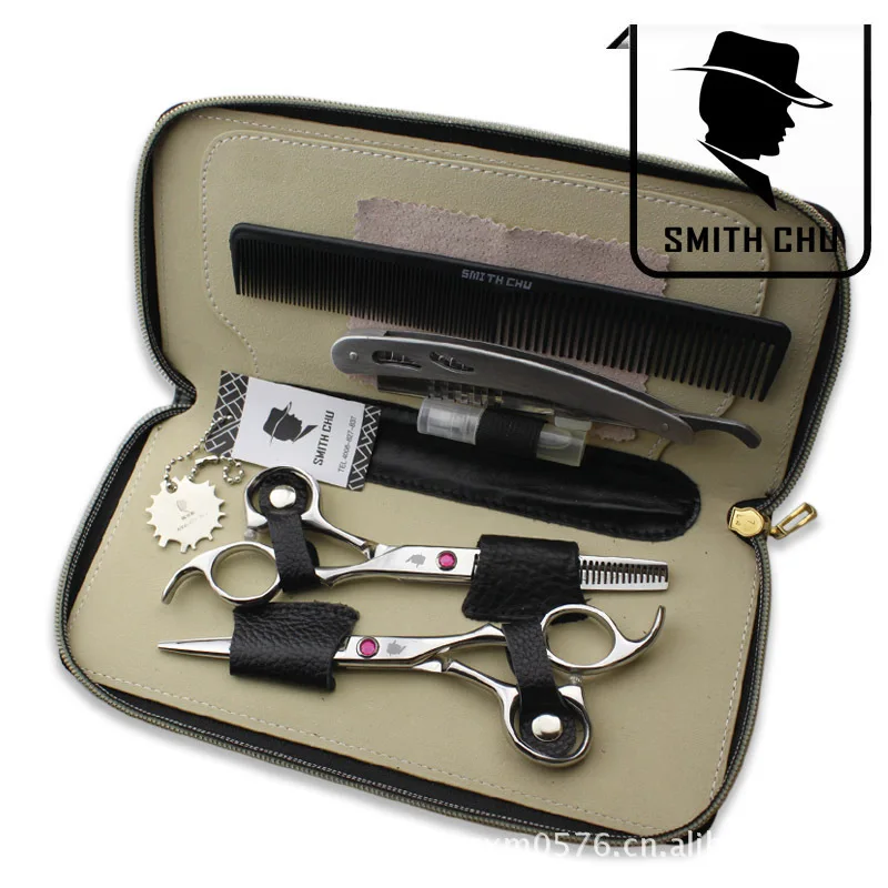 

6.0inch Smith chu Professional Hairdressing Scissors set 62HRC 6.0inch Straight & Thinning cutting with raozr,comb, clothes ,oil