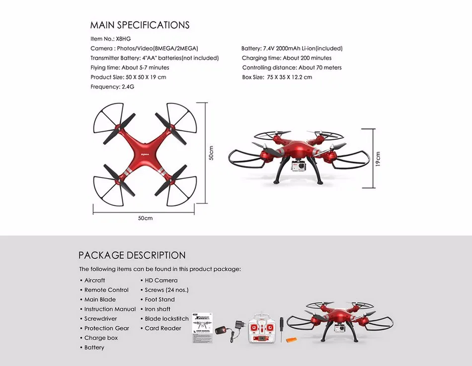 2016 Syma X8HG with 8MP HD Camera High Hold Mode 2.4G 4CH 6Axis RC Quadcopter RTF Vs MJX X101 Syma X8 X8G X8C X8W (10)
