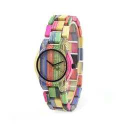 Красочные бамбука случае Элитный бренд деревянный для мужчин женщи кварцевые часы наручные часы с бамбуковой группы Reloje для Валентина