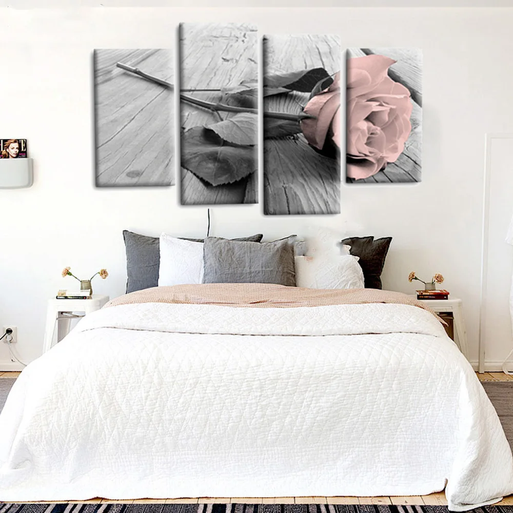 4Pcs Pink Grey White Love Rose Floral Canvas Wall Art Picture Prints
