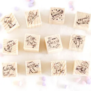 

12pcs Cute Cat DIY Mini Wood Stamp Decoration Kawaii Kitten Seal Stationery School Office Supplies for Scrapbooking Craft