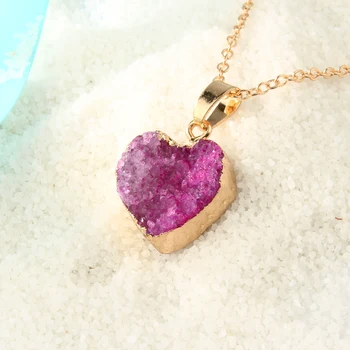 

Dayoff European Collar Chain Druzy Natural Stone Irregular Raw Stones Necklace For Women Geometric Heart Pendant Necklace N174
