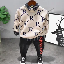 В году, весенне-осенний детский вязаный свитер с длинными рукавами и джинсы костюм из 3 предметов костюм для мальчиков Детская Хлопковая одежда Детские комплекты