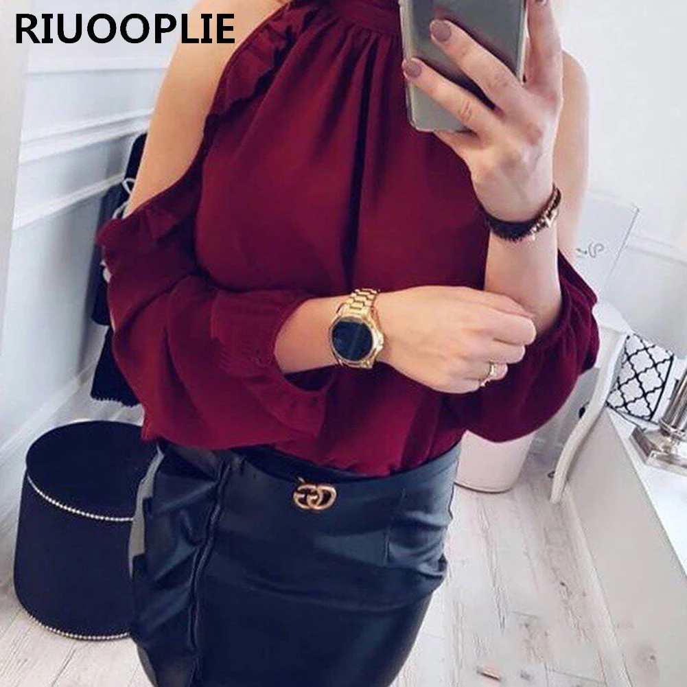 RIUOOPLIE Женская Сексуальная Блузка с открытыми плечами и рюшами Бордовая рубашка