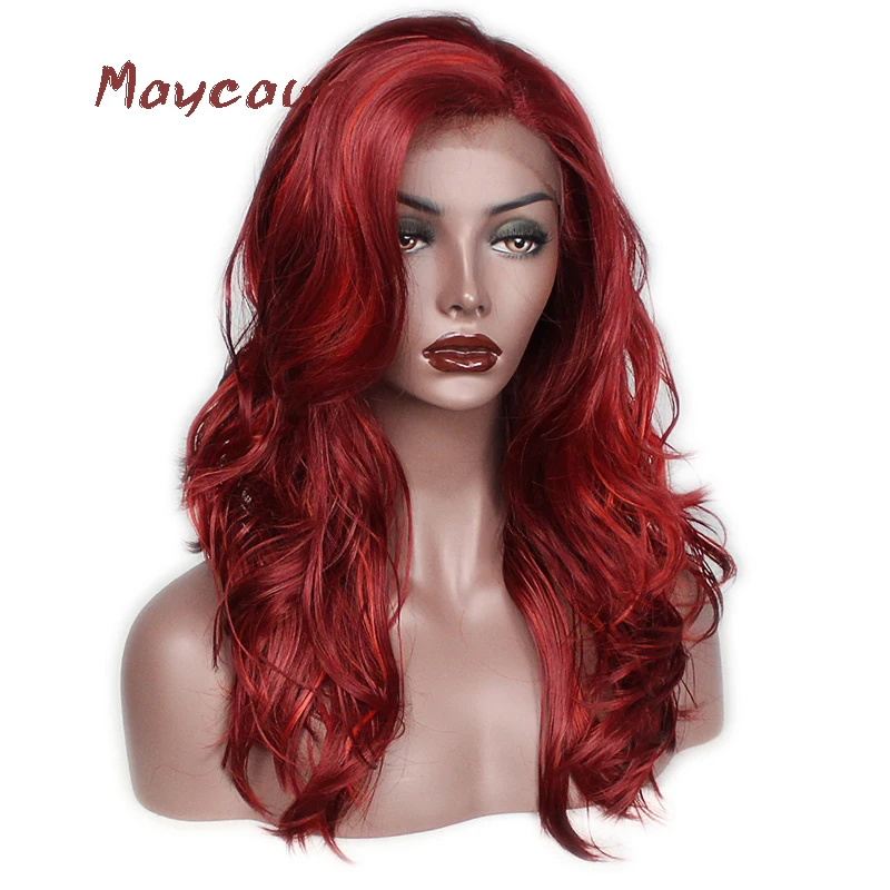 Красный цвет длинные волнистые синтетический парик фронта шнурка свободная часть Жаростойкие натуральные волосы парики для женщин 180 плотность