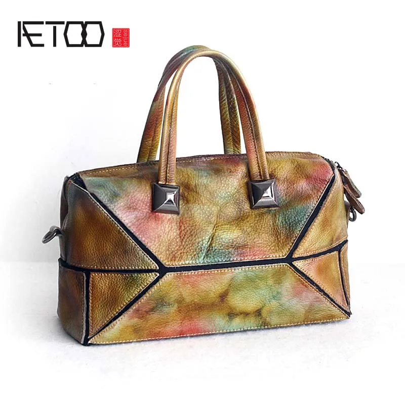 

BJYL Retro handmade original first layer of leather women shoulder leather bag new portable handbag painted patchwork handbags