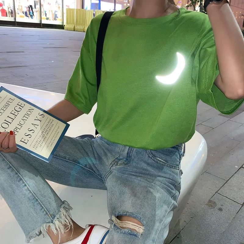 Новинка, женская футболка, светоотражающая, с принтом Луны, harajuku, рубашка большого размера, с коротким рукавом, рубашки, уличная одежда