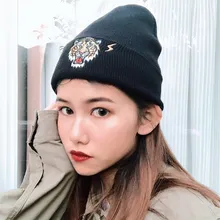 Однотонные хлопковые лыжные шапочки с вышивкой тигра, вязаные шапки, зимние мужские и женские теплые шапки, Кепка в стиле хип-хоп, шапки унисекс Skullie