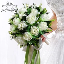 Perfectlifeoh Ramos de Novia Свадебный букет свадебных цветов из белой розы романтические шелковые свадебные букеты для невесты