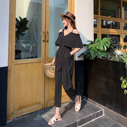 

Summer Jumpsuits for Women 2019 Korean Style Office Lady Elegant Striped V Neck Ruffles Off Shoulder Romper Black mono mujer S99