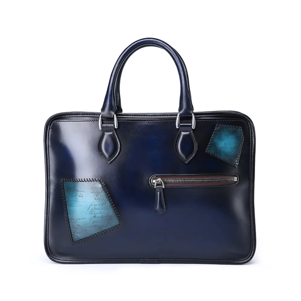 

TERSE_5 MOQ patch briefcase handmade leather tote bag luxury men customize logo handbag blue color factory price